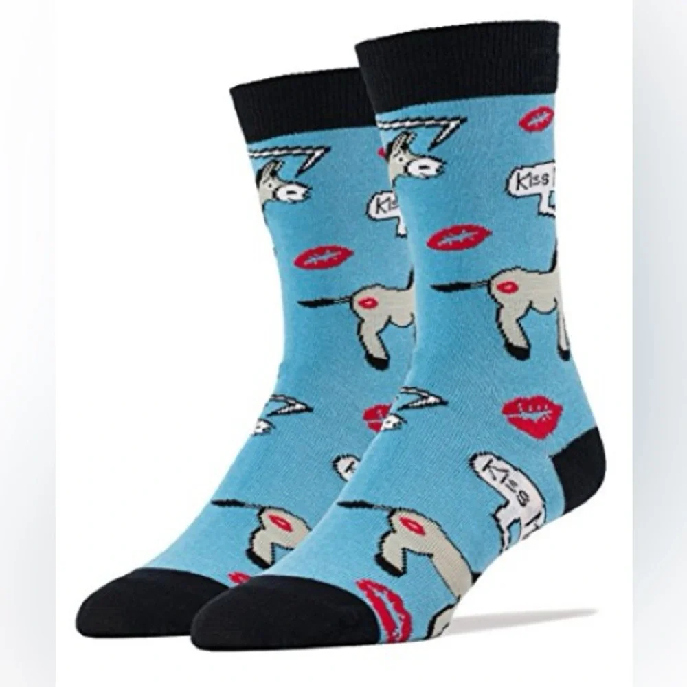 Men's Fun Blue Crew Socks with Donkey Design, Size 8-13 (3 for $12 item)